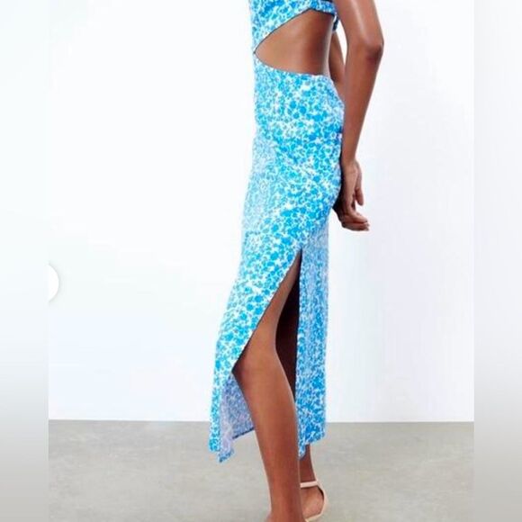 Zara Blue and White Floral Cutout Dress - Picture 5 of 12